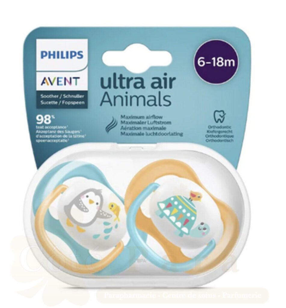 AVENT 2 SUCETTES ULTRA AIR ANIMALS 6-18 BOY/PENG/TURT SCF080/07