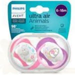 AVENT 2 SUCETTES ULTRA AIR ANIMALS 6-18 GIRL/ELEP/PENG SCF080/08