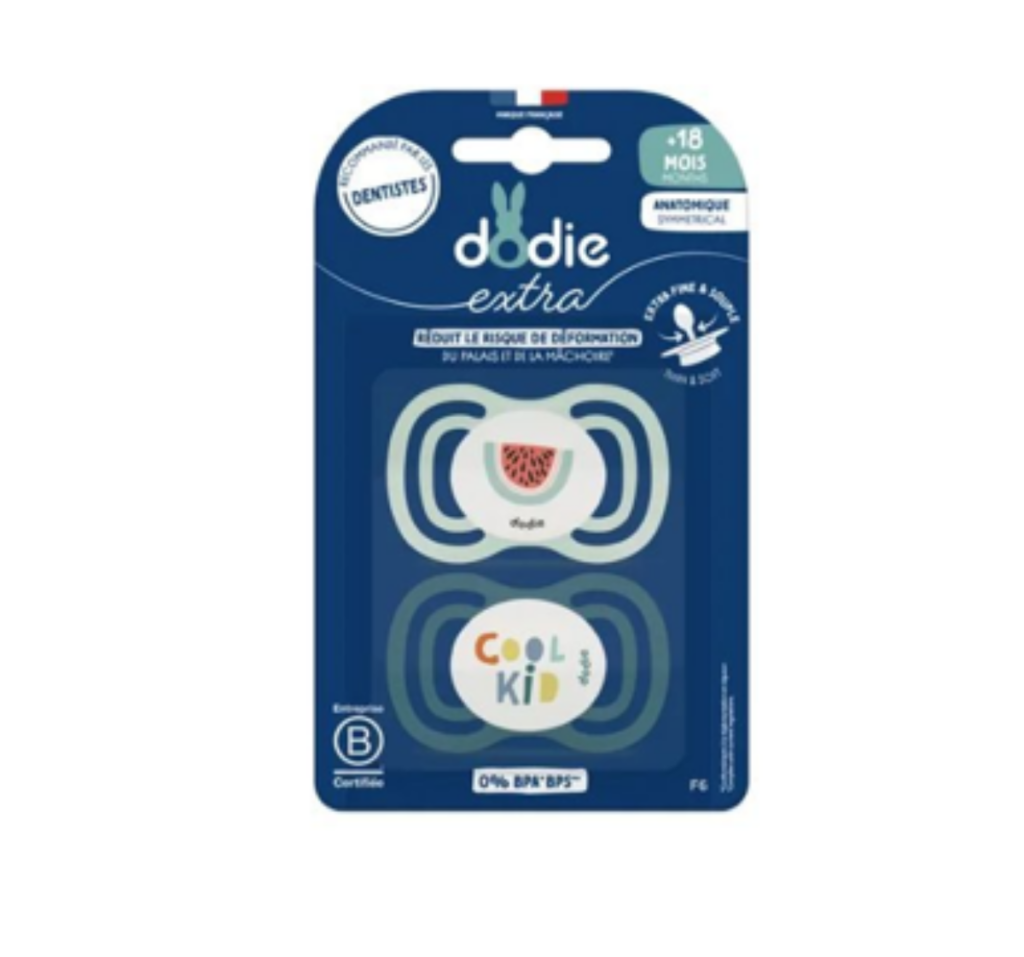 DODIE 2 SUCETTES ANATOMIQUE EXTRA FINE BLEU 18M+ F5